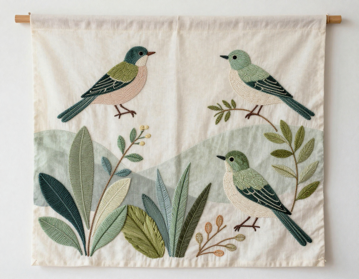 Handmade fabric wall hanging with embroidery